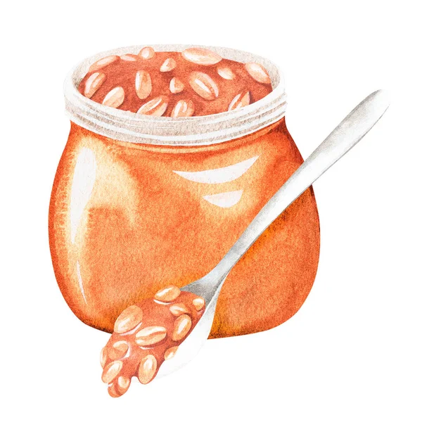 Jar of caramel and peanuts with a spoon.Watercolor illustration. Isolated on a white background — Stock Fotó