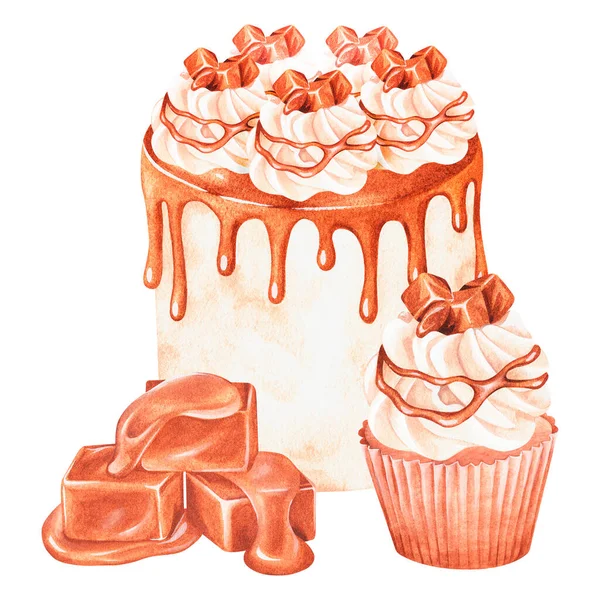 Cake, cupcake with caramel streaks. Watercolor illustration. Isolated on a white background. — Stock fotografie