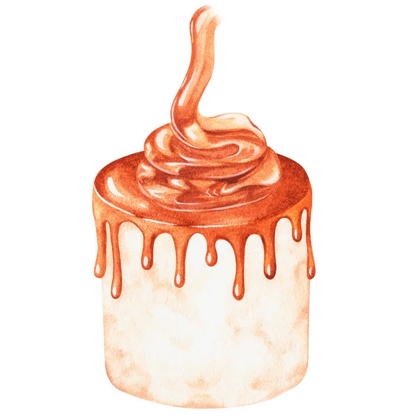 A cake and a jar of caramel.Sweets.Watercolor illustration. Isolated on a white background — Stok fotoğraf