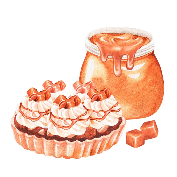 Tartlet with peanuts and a jar of caramel. Watercolor illustration. Isolated on a white background. — Stockfoto