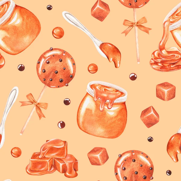 Caramel. Making lollipops. Seamless pattern. Watercolor illustration. Isolated on a beige background — Foto Stock