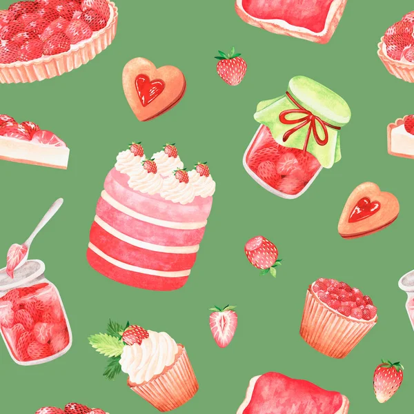 Nahtloses Muster von Erdbeersüßen. Aquarell Vintage Illustration.Isoliert auf grünem Hintergrund — Stockfoto