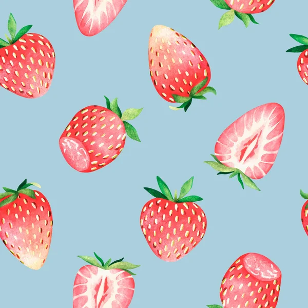Seamless strawberry pattern. Watercolor illustration. Isolated on a blue background. For design. —  Fotos de Stock