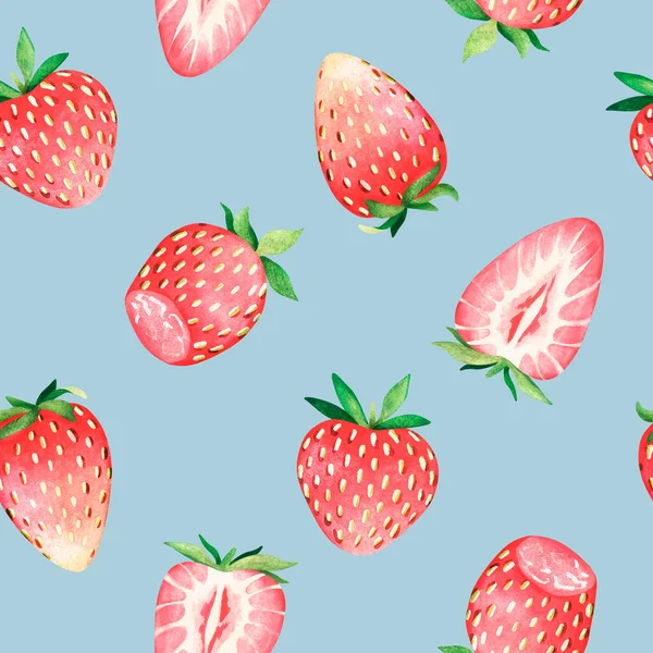 Seamless strawberry pattern. Watercolor illustration. Isolated on a blue background. For design. — ストック写真