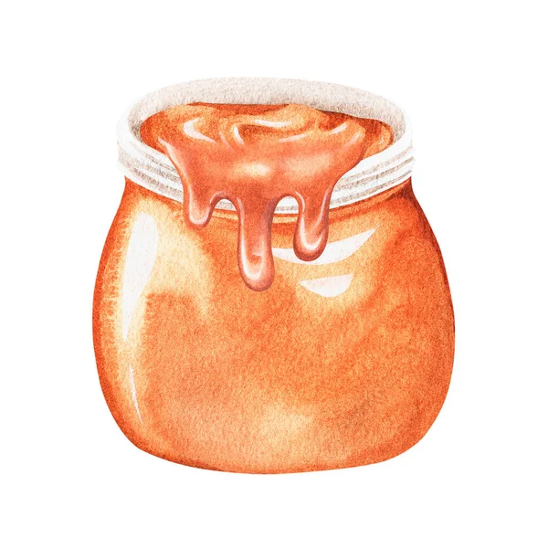 Bir kavanoz karamel. Bir kavanoz bal. Suluboya çizimi. Beyaz bir arkaplanda izole edilmiş. — Stok fotoğraf