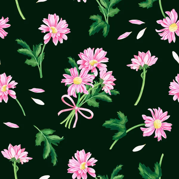 Kusursuz kasımpatı deseni. Suluboya vintage çizim. Yeşil bir arkaplanda izole edilmiş.