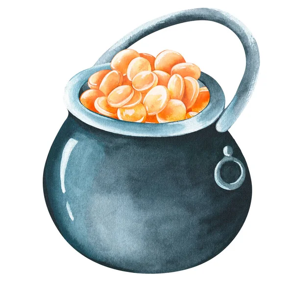 Bir kap Leprikon altını. Aziz Patrick Günü. Suluboya çizimi. Beyaz bir arkaplanda izole edilmiş