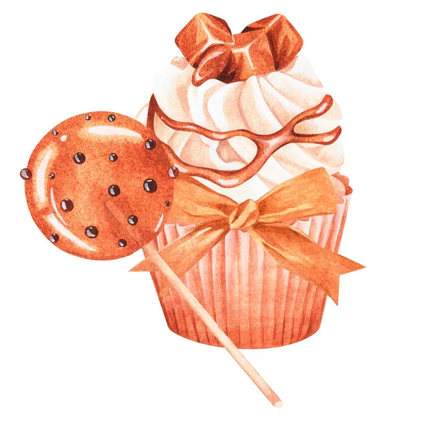 Cupcake avec sucette sur un bâton. Illustration aquarelle. Isolé sur fond blanc. — Photo
