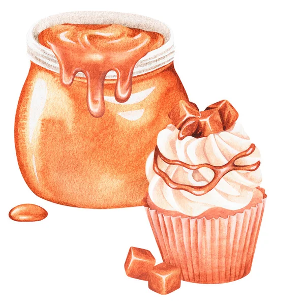 Cupcake con cobertura de caramelo. Ilustración en acuarela. Aislado sobre un fondo blanco. Para el diseño. —  Fotos de Stock