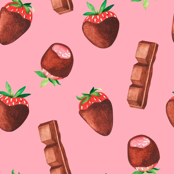 Met chocolade bedekte aardbeien. Aquarelillustratie. Geïsoleerd op een roze achtergrond. Voor ontwerp. — Stockfoto