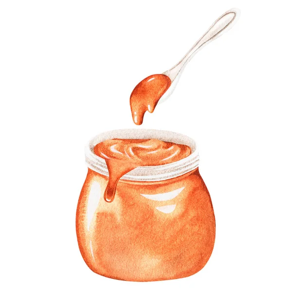 A jar of caramel with a spoon.A pot of honey.Watercolor illustration. Isolated on a white background — Stock Photo, Image