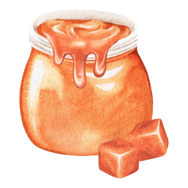 Un frasco de caramelo. Una olla de miel. Ilustración en acuarela. Aislado sobre un fondo blanco. — Foto de Stock