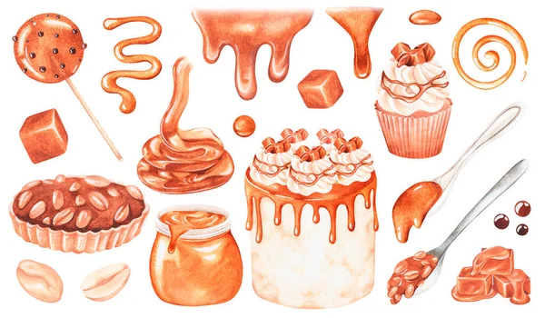 Caramel sweets. Watercolor illustration. Isolated on a white background. For design. — Stock Photo, Image
