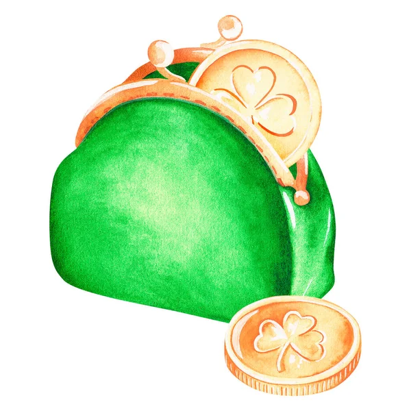 İçinde bozuk para olan bir cüzdan. Aziz Patrick Günü. Suluboya çizimi. Beyaz bir arkaplanda izole edilmiş