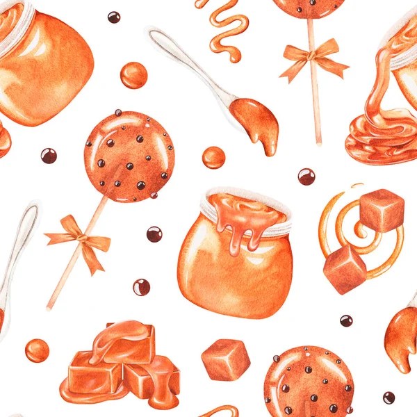 Karamel. Lolipop yapıyorum. Kusursuz desen. Suluboya çizimi. Beyaz bir arkaplanda izole edilmiş