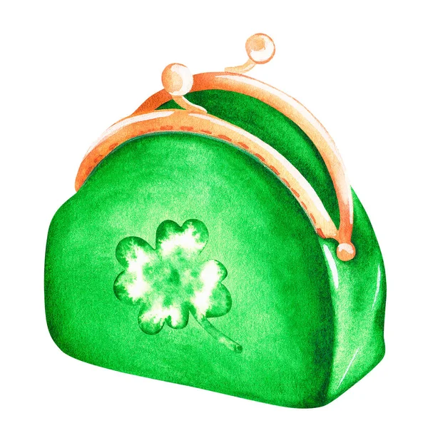 Portefeuille vert avec trèfle. La Saint-Patricks. Illustration aquarelle. Isolé sur fond blanc — Photo