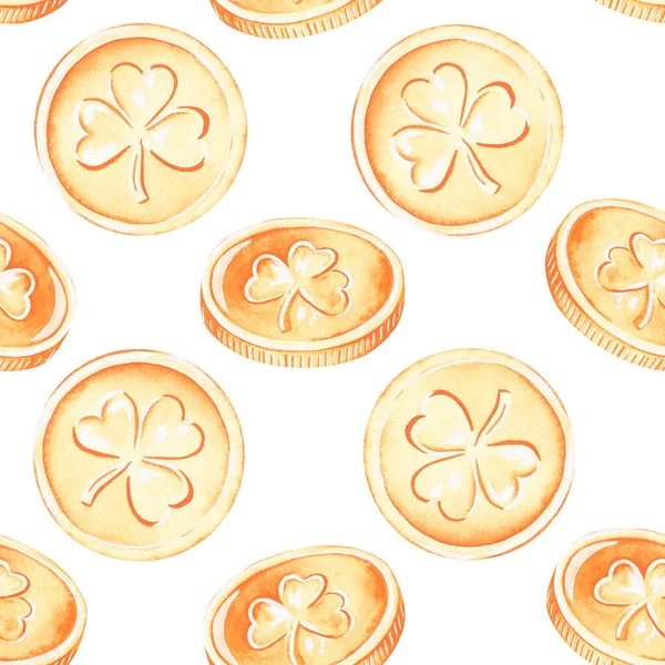 Naadloos patroon van munten. St. Patricks Dag. Aquarel illustratie.Geïsoleerd op een witte achtergrond — Stockfoto
