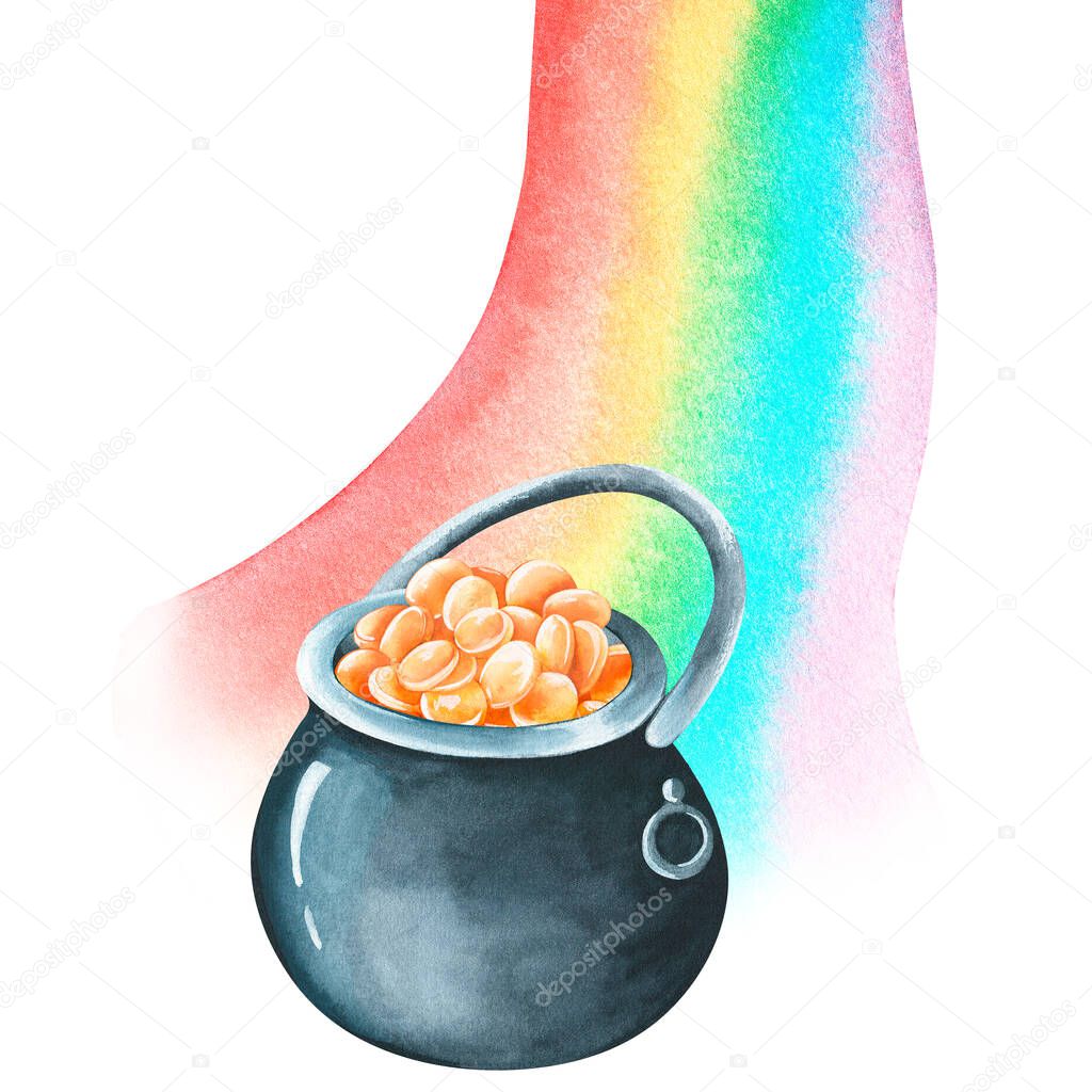 Rainbow and a pot of coins. St. Patricks Day.Watercolor illustration.Isolated on a white background