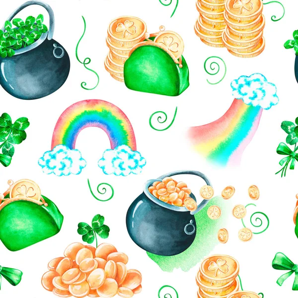 St. Patricks Day. Seamless pattern. Watercolor illustration. Isolated on a white background — Stock Photo, Image