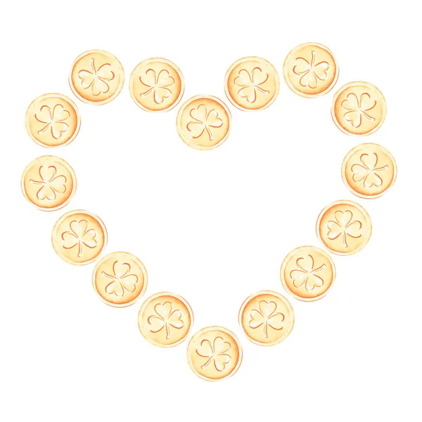 Altından yapılmış bir kalp. Aziz Patrick Günü. Suluboya çizimi. Beyaz bir arkaplanda izole edilmiş.