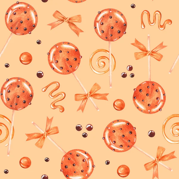 Honinglolly 's. Karamel. Naadloos patroon. Aquarelillustratie. Geïsoleerd op een beige achtergrond — Stockfoto