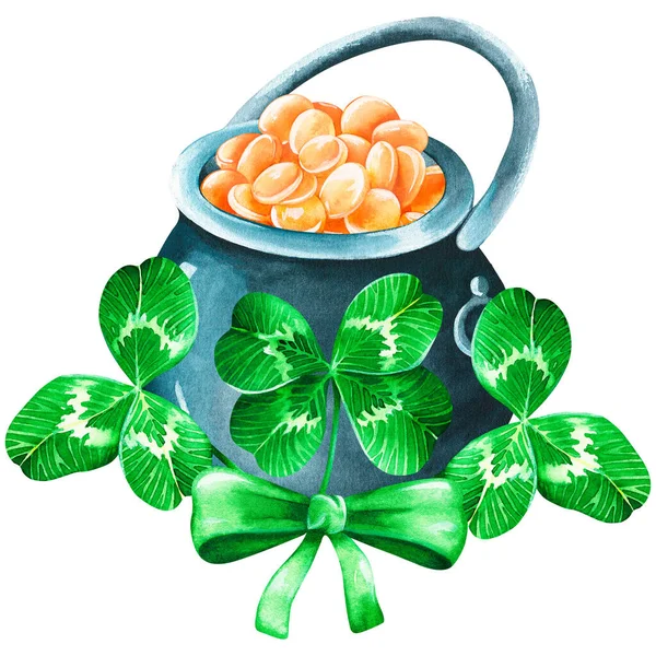 A pot of leprechaun gold. St. Patricks Day. Watercolor illustration. Isolated on a white background — Stock Photo, Image