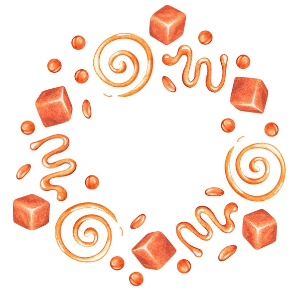 Karamel küplerinden bir çelenk. Suluboya çizimi. Beyaz bir arkaplanda izole edilmiş