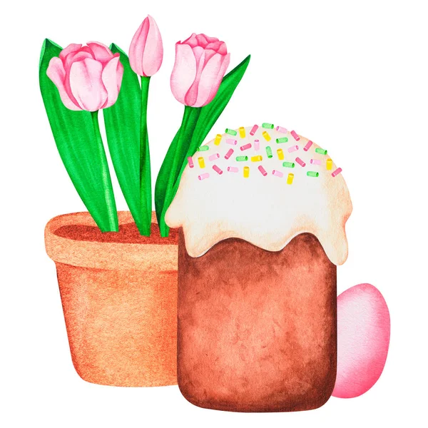 Bolo de Páscoa, tulipa em panela e ovos. Ilustração de Páscoa aquarela. Isolado sobre um fundo branco. — Fotografia de Stock