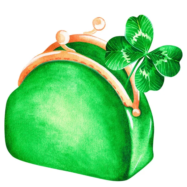Portefeuille vert avec trèfle. La Saint-Patricks. Illustration aquarelle. Isolé sur fond blanc — Photo