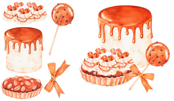 Cake, pie and lollipop composition. Desserts.Watercolor illustration.Isolated on a white background.
