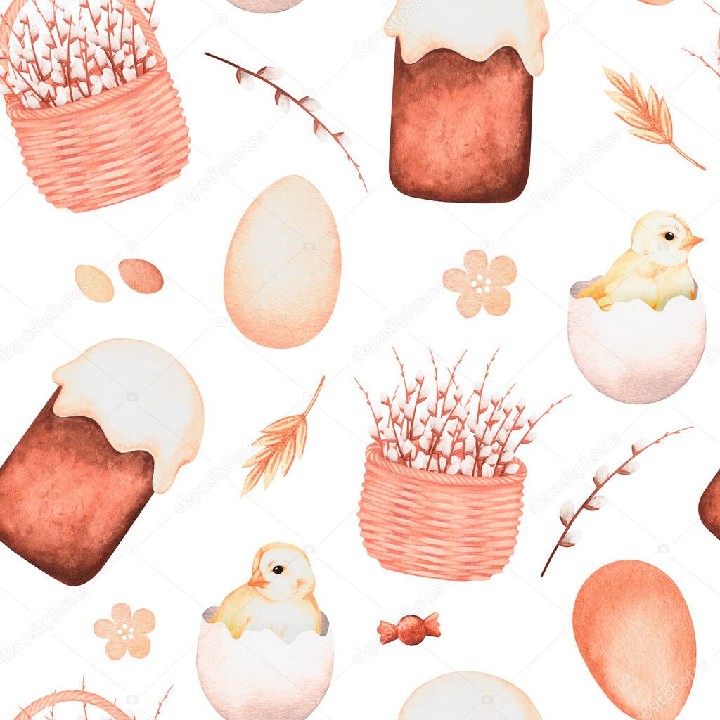 Seamless Easter pattern. Watercolor easter illustration. Isolated on a white background.