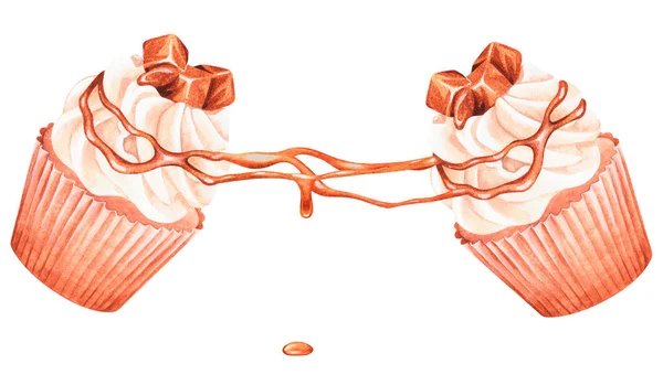 Karamelli kapkek. Suluboya çizimi. Beyaz bir arka planda izole edilmiş. Tasarım için.