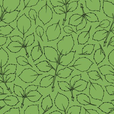 Gül yapraklarıyla kusursuz desen. Çizgi çalışması. Yeşil bir arka planda izole edilmiş. Tasarımın için..