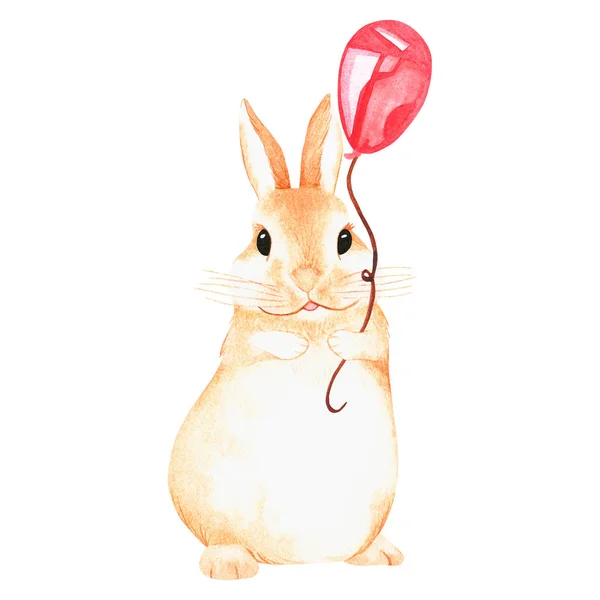 Balonlu tavşan. Doğum günü. Suluboya çizimi. Beyaz bir arka planda izole edilmiş. Tasarım için