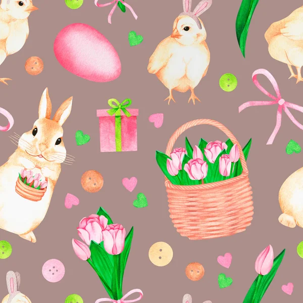 Kusursuz Paskalya deseni. Lale, tavuk, tavşan. Suluboya çizimi.