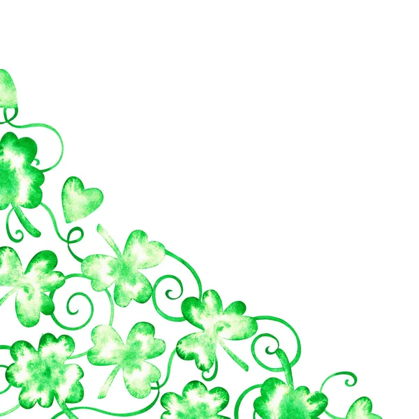 Eine Ecke mit Kleeblättern. St. Patricks Day. Aquarell-Illustration.Isoliert auf weißem Hintergrund. — Stockfoto