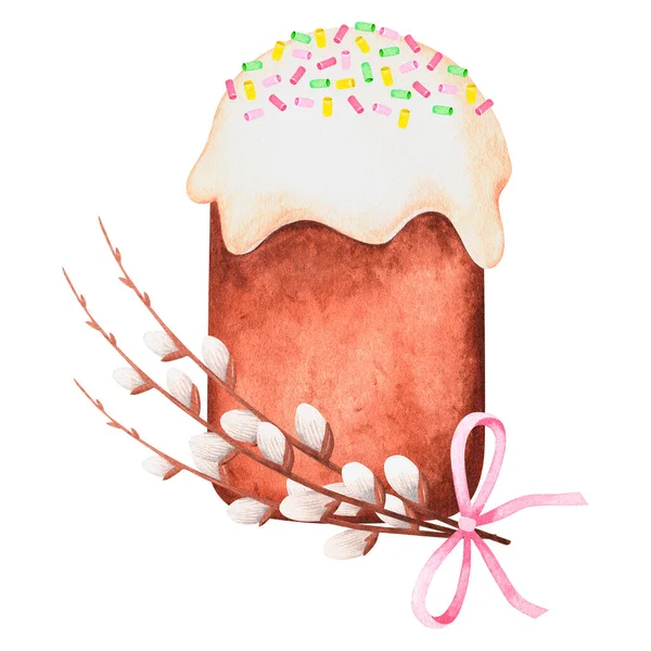 Easter cake and pussy willow. Watercolor easter illustration. Isolated on a white background. — Foto de Stock
