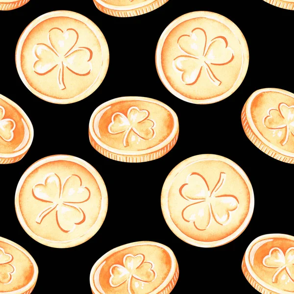 Naadloos patroon van munten. St. Patricks Dag. Aquarel illustratie.Geïsoleerd op een zwarte achtergrond — Stockfoto