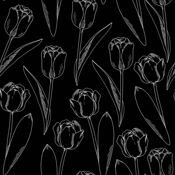 Tulipanes arte de línea. Patrón sin costuras. Ilustración de Pascua en acuarela.Aislado sobre un fondo negro. — Foto de Stock