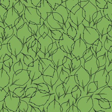 Gül yapraklarıyla kusursuz desen. Çizgi çalışması. Yeşil bir arka planda izole edilmiş. Tasarımın için..