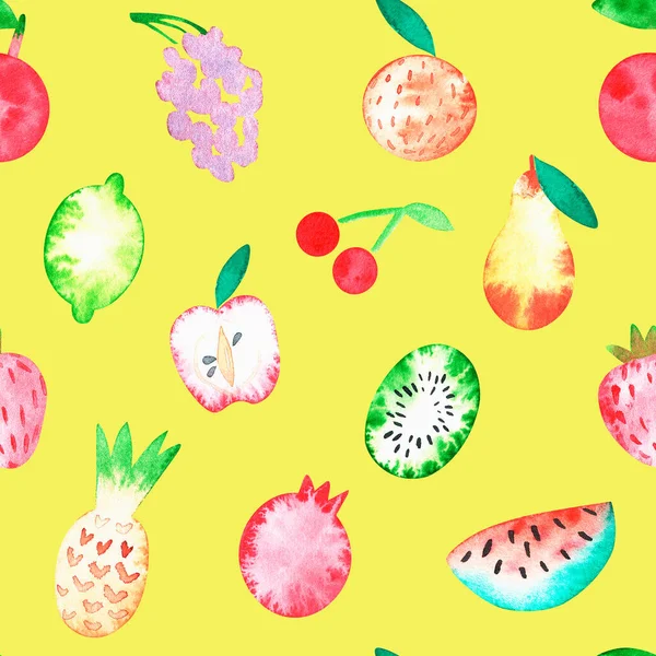 Fruit. Seamless pattern. Watercolor illustration. Isolated on a yellow background. For your design. — Stock Photo, Image
