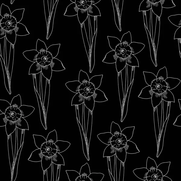Daffodils lijn kunst. Naadloos patroon. Aquarel Pasen illustratie.Geïsoleerd op een zwarte achtergrond. — Stockfoto