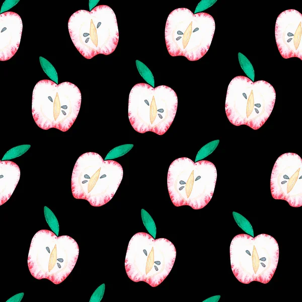Apple halves. Seamless pattern. Watercolor illustration. Isolated on a black background. For design. — Stock Photo, Image