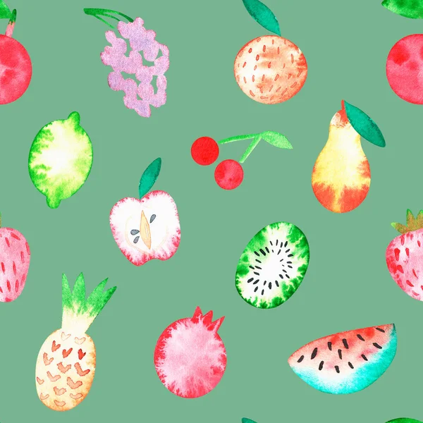 Obst. Nahtloses Muster. Aquarell-Illustration. Vereinzelt auf grünem Hintergrund. Für Ihr Design. — Stockfoto