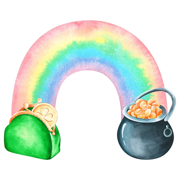 A rainbow, a purse, a pot of coins. Watercolor illustration. Isolated on a white background.