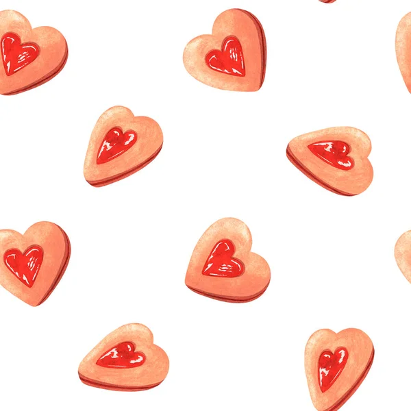 Kusursuz desenli kalp şeklinde reçel kurabiyeler. Suluboya çizimi. Beyaz bir arkaplanda izole edilmiş. — Stok fotoğraf