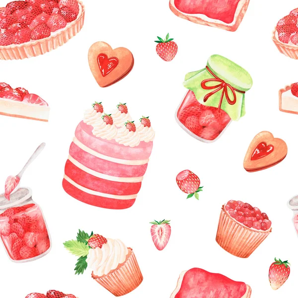 イチゴの甘いのシームレスなパターン。水彩ヴィンテージイラスト。白い背景に隔離 — ストック写真