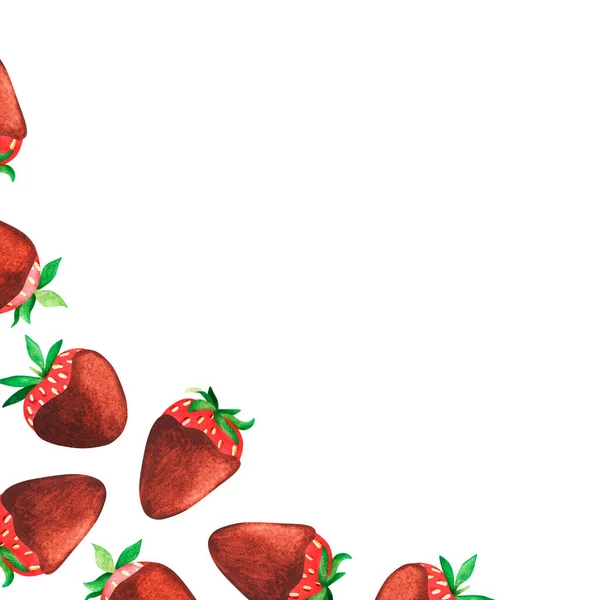 El marco es una esquina de fresa de chocolate. Ilustración en acuarela. Aislado sobre un fondo blanco. — Foto de Stock