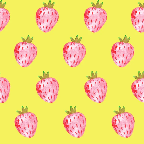 Strawberry Seamless Pattern Watercolor Illustration Isolated Yellow Background Your Design — Stock Photo, Image