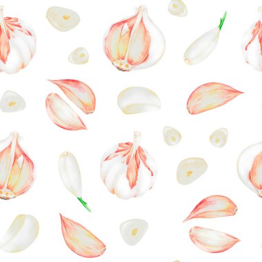 Kusursuz sarımsak deseni. Suluboya vintage illüstrasyon. Beyaz bir arkaplanda izole edilmiş.